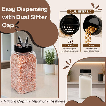 Pride Of India 32 Fl Oz Clear Spice Jar with Dual Opening Lid | Food Grade PET Plastic Oblong Jar | Reusable Organizer for Spices, Herbs, Coffee, Nuts, Snacks & Pet Treats | | 3-4 Cup Capacity