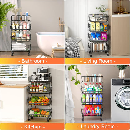 Gsiekare 3-Tier Rolling Pantry Organizer and Storage Cart with Wheels | Stackable wire pantry baskets for pantry shelves, fruit basket stand, easy to move, storage rack for food snack onion potato