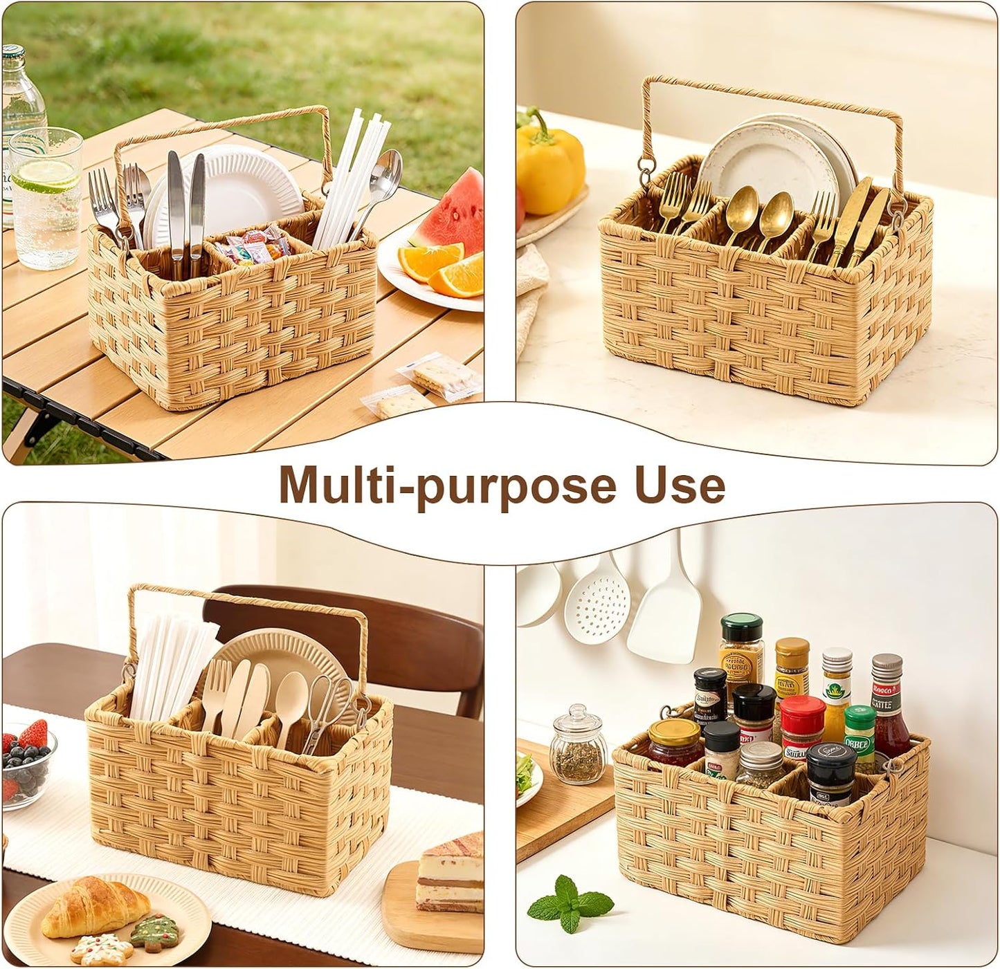Wicker Utensil Caddy – Tabletop Utensil & Silverware Organizer with Handle, Multi-Use Cutlery and Condiment Holder, Kitchen Countertop Basket, Ideal for Parties, Picnics & Buffets