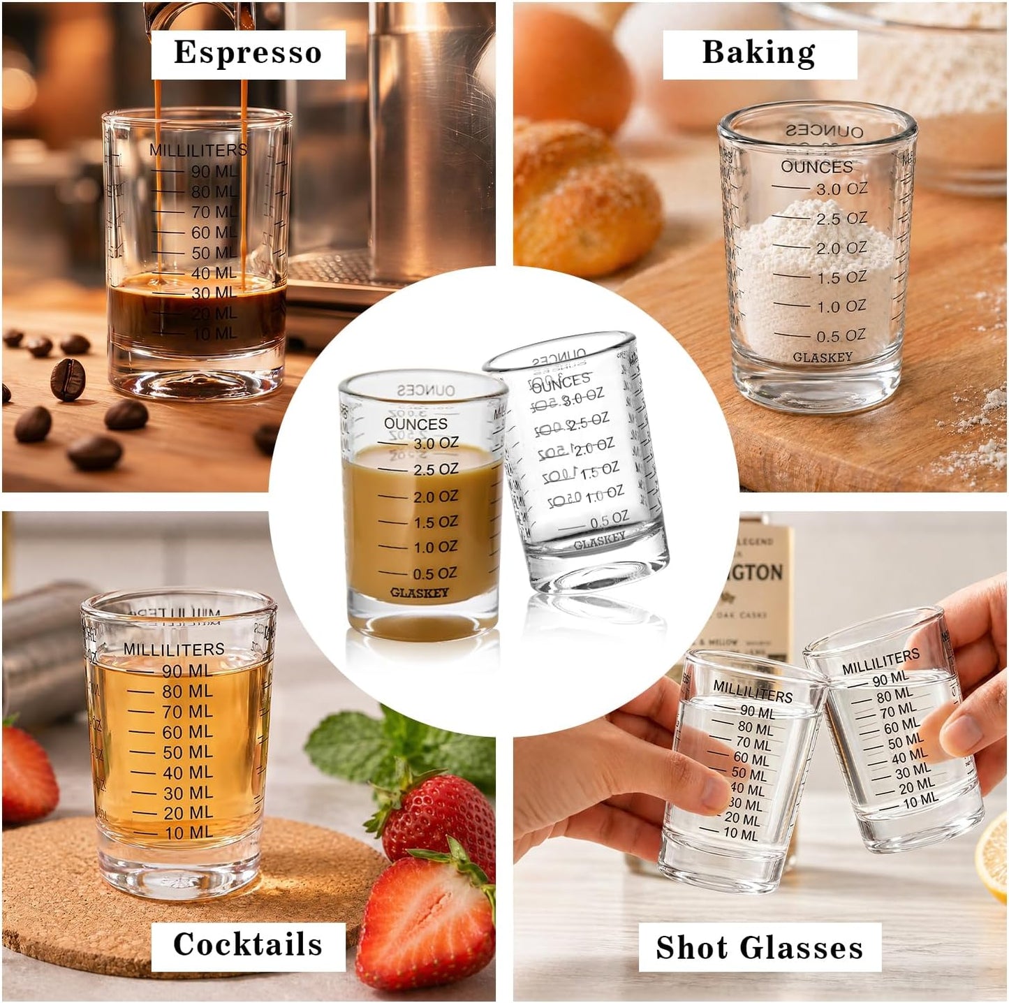 GLASKEY Shot Glasses Measuring Cup Set - 2 Pack Espresso Shot Glasses with Precise Measurement Marks,Heavy Duty Glass,Dishwasher Safe,Perfect for Coffee,Cocktails and Kitchen Use (Black & Red)