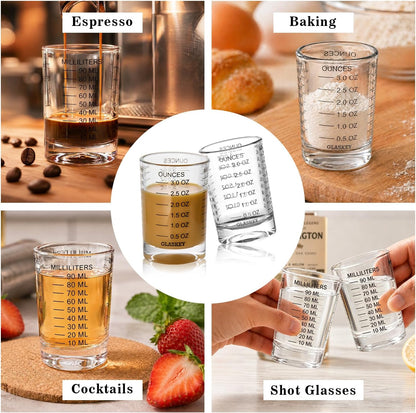 GLASKEY Shot Glasses Measuring Cup Set - 2 Pack Espresso Shot Glasses with Precise Measurement Marks,Heavy Duty Glass,Dishwasher Safe,Perfect for Coffee,Cocktails and Kitchen Use (Black & Red)