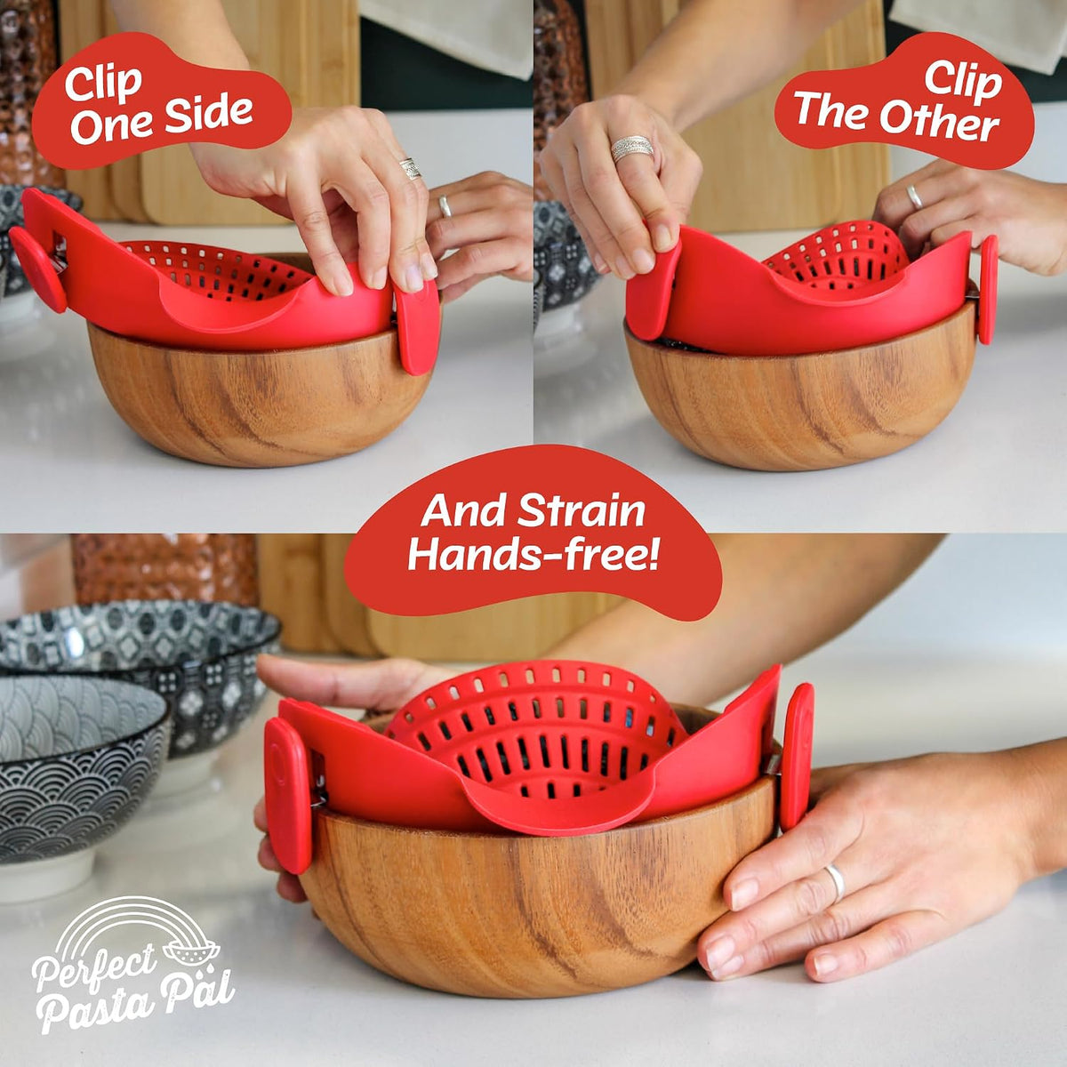 PERFECT PASTA PAL Clip-On Silicone Pot Strainer for Pasta and Vegetables