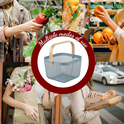 Coloful Metal Mesh Wire Basket with Foldable Wooden Handle,Bin Garden Fruit Vegetable Storage Hanging Harvest Holder for Kitchen Bathroom Picnic (Yellowish Green, Cuboid-15.7 x 9.5 x 7.2“)