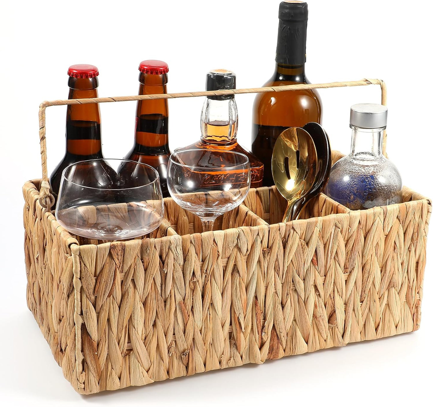 LLOUSSAK Utensil Caddy, Outdoor Silverware Caddy with Handle, Wicker Utensil Holder for Party, Woven Divided Picnic Basket as Cutlery Holder, Outdoor Party Essentials (5 Compartments)