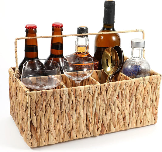 LLOUSSAK Utensil Caddy, Outdoor Silverware Caddy with Handle, Wicker Utensil Holder for Party, Woven Divided Picnic Basket as Cutlery Holder, Outdoor Party Essentials (5 Compartments)