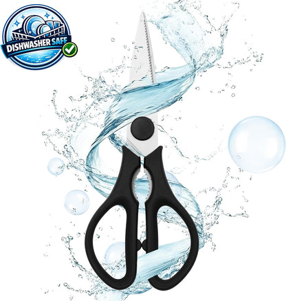 Grip Multi-Purpose Stainless Steel Kitchen Scissors - Non-Slip TPR Grip - Serrated Blade - Cuts Meat, Vegetables, Fish, Poultry, Fruits, Pizza - Nut cracker/Bottle opener - Dishwasher Safe (Blk/Grey)