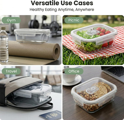 Glass Food Storage Containers with Airtight Lids, 3-Piece Set, Stackable Meal Prep Containers (Transparent White)