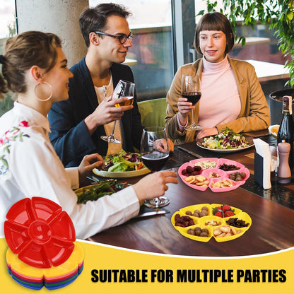 ‌12 Pcs Plastic Serving Trays with 7 Compartments - 10 Inch Round Chip & Dip Thanksgiving Plates for Candy, Nuts, Fruits, Veggies - Party Platter Set, 6 Colors