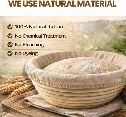 Banneton Sourdough Bread Proofing Basket, Premium AA-Grade, 9 Inch for Round, Boules Loaves, Vietnamese Banneton with Cloth Cover, Bread Lame Holder with 5 Blades (9.1 Inch)