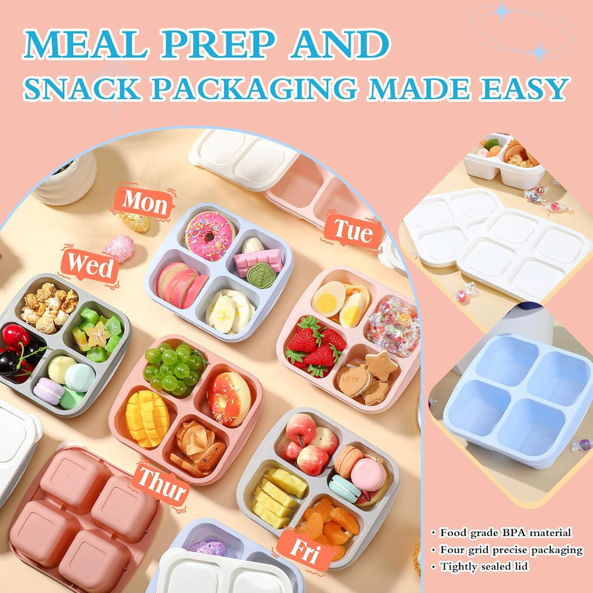 Honeydak 10 Pack Bento Snack Containers 4 Compartment Snack Boxes Reusable Containers with Lids Divided Meal Prep Lunch Food Storage Box for School Work Travel