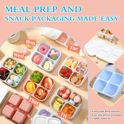 Honeydak 10 Pack Bento Snack Containers 4 Compartment Snack Boxes Reusable Containers with Lids Divided Meal Prep Lunch Food Storage Box for School Work Travel