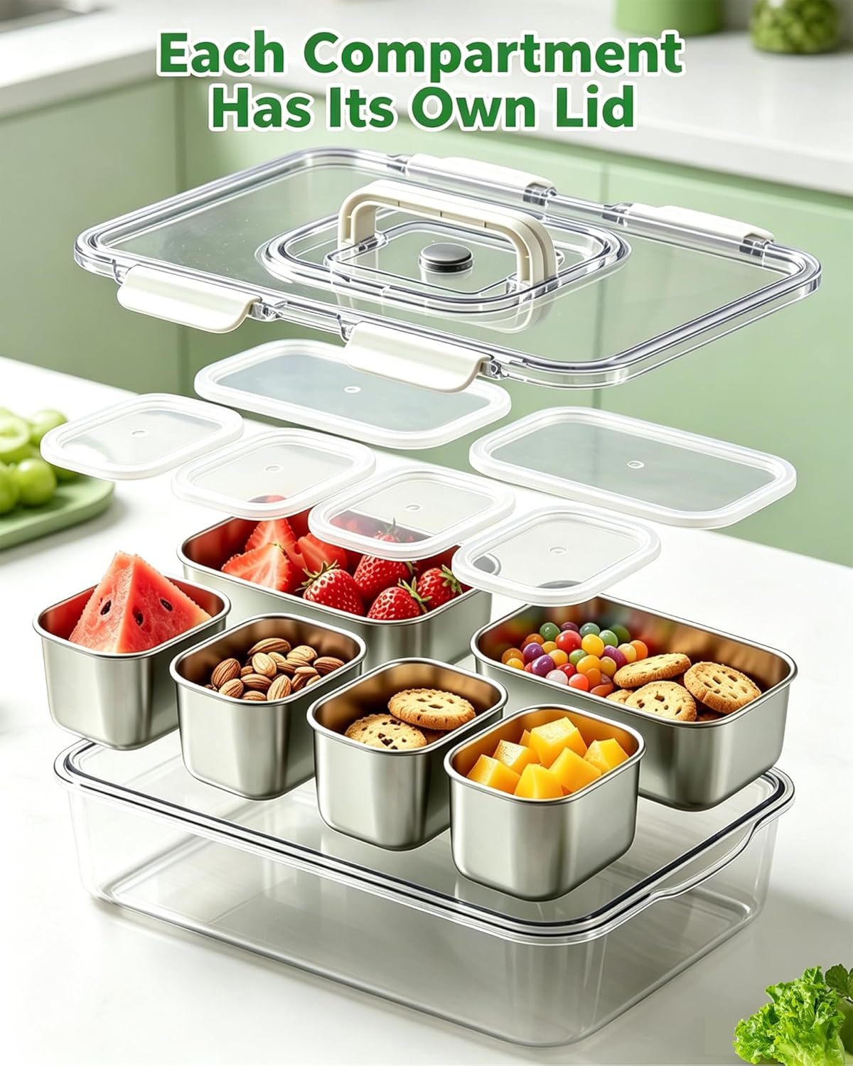 Snackle Box Container, Stainless Steel Divided Serving Tray with Lid and Handle, Large Snack Tray for Fruit Veggie Candy, 8-Compartment Snack Platter for Travel Party Beach Picnic
