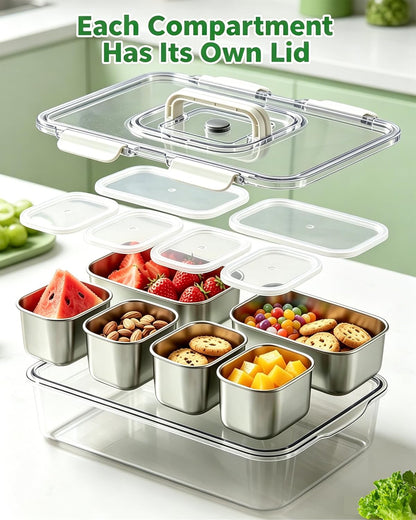 Snackle Box Container, Stainless Steel Divided Serving Tray with Lid and Handle, Large Snack Tray for Fruit Veggie Candy, 8-Compartment Snack Platter for Travel Party Beach Picnic
