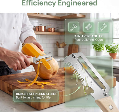 2-Piece Multi-Function Kitchen Peeler Set, 3-in-1 Stainless Steel Peeler with Built-in Bottle Opener and Non-Slip Wooden Handle, for Peeling Pumpkins, Potatoes, and Other Fruits and Vegetables
