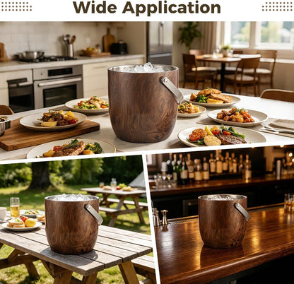 Double-Walled Stainless Steel Ice Bucket with Lid, 7.09 x 7.01 in, Wood Grain Insulated Ice Container with Scoop, Tongs, Strainer, for Home Bar, Parties