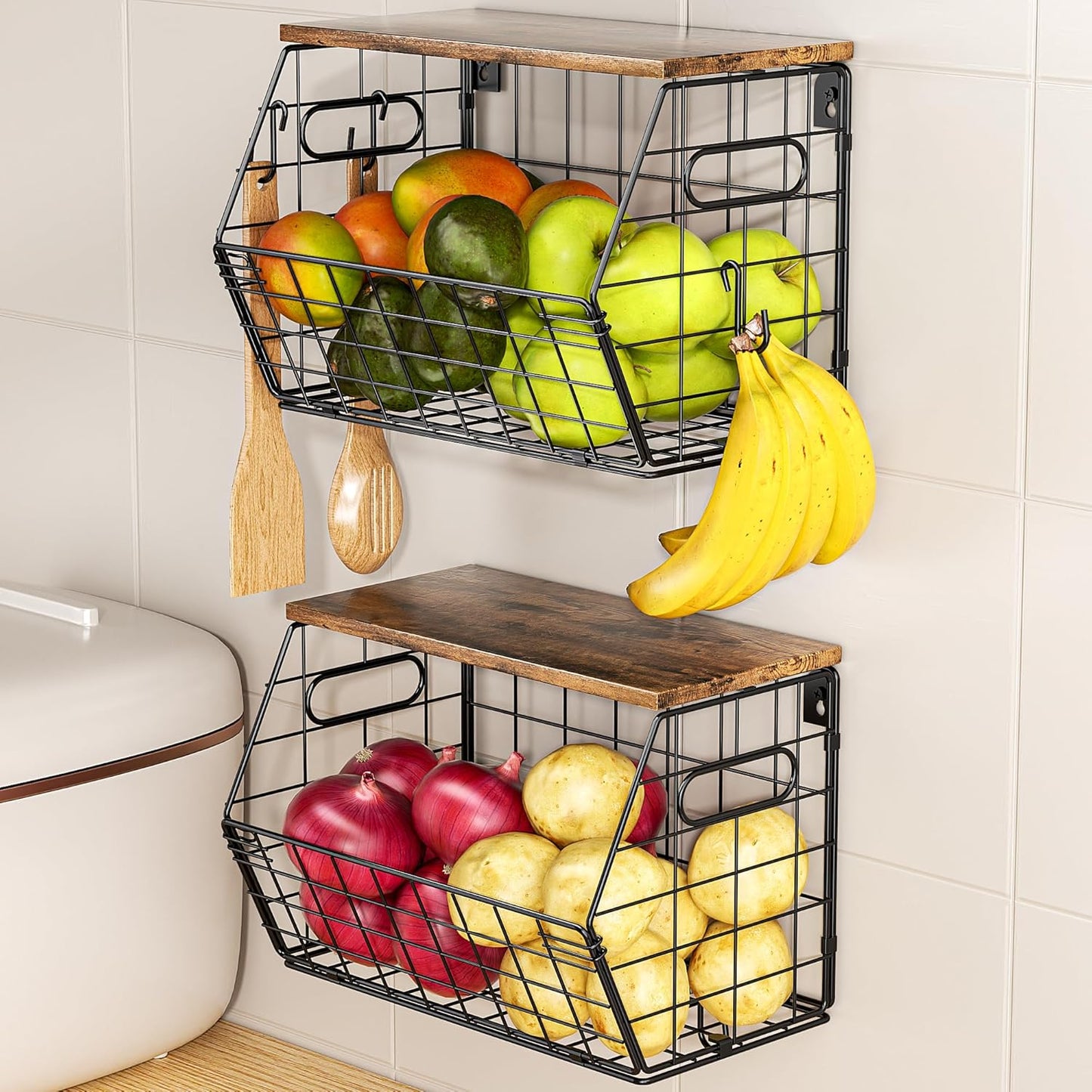 Delamu Stackable Metal Fruit Basket with Wood Lid 3 Pack, Hanging Wall Organizer for Kitchen Counter, Pantry Storage for Onions, Potatoes, Garli, Fruits, Spices, Black