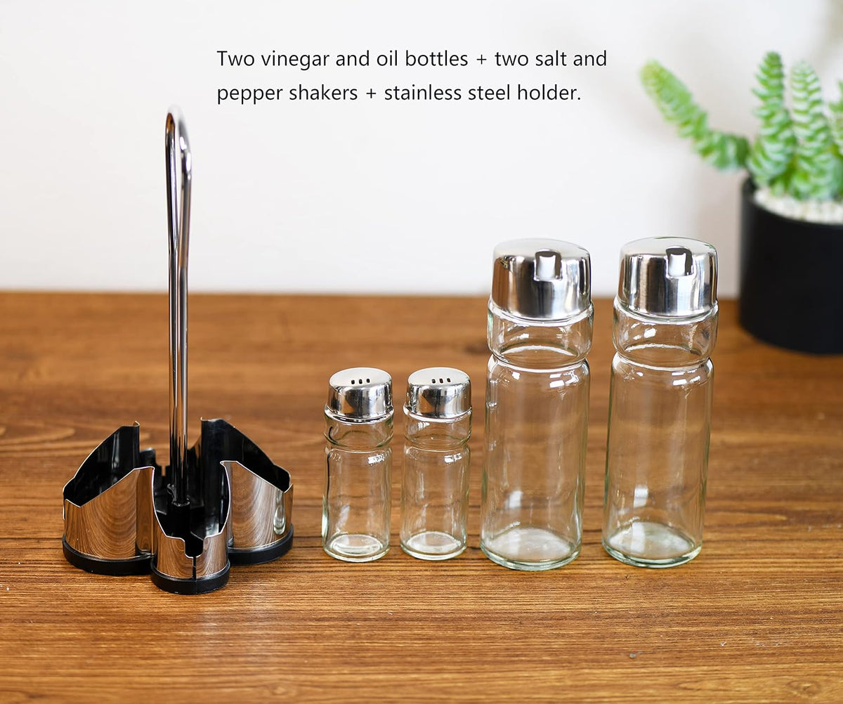 Salt and Pepper shakers, Oil and Vinegar Dispenser Set with Stainless Steel Holder (Salt & Pepper + Oil & Vinegar)