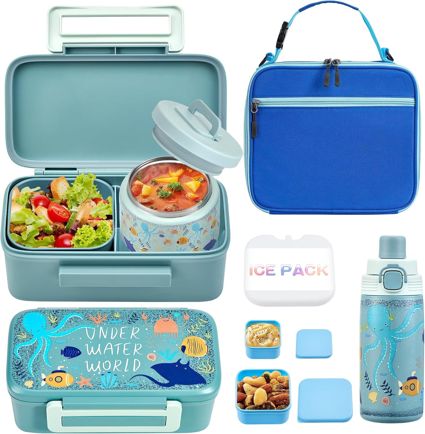 MAISON HUIS Bento Box for Kids with 8oz Soup Thermo, Insulated Lunch Bag & 17oz Water Bottle, 2-Compartment Bento Box with Built-In Ice Pack, Leak-Proof & BPA-Free