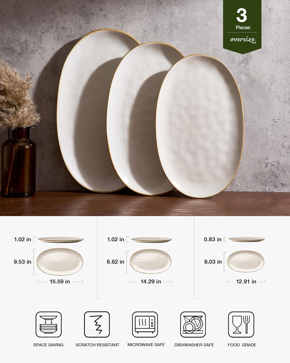 famiware Serving Platter, Oval 15.59/14.3/12.9inch Serving Dishes for Entertaining, Serving Bowls, Microwave Safe, Stoneware Serving Trays for Party, Food, Turkey, Cheese, Ocean Series, Vanilla White