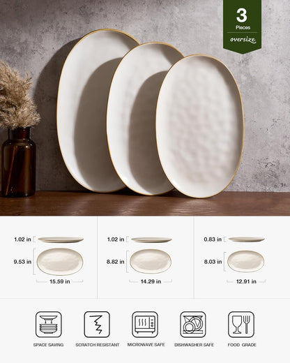 famiware Serving Platter, Oval 15.59/14.3/12.9inch Serving Dishes for Entertaining, Serving Bowls, Microwave Safe, Stoneware Serving Trays for Party, Food, Turkey, Cheese, Ocean Series, Vanilla White