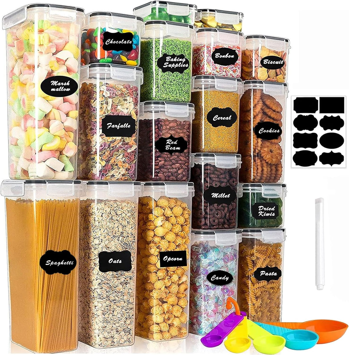 42pcs Airtight Containers, Clear Stackable Dry Food Storage | 42pk clear airtight containers with tight lids keep dry food fresh. Safe plastic, stackable for pantry kitchen storage