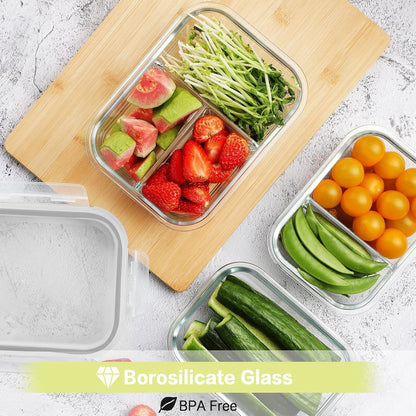 HOMBERKING 9 Pack Glass Meal Prep Containers 3 & 2 & 1 Compartment, Glass Food Storage Containers with Lids, Airtight Glass Lunch Bento Boxes, BPA-Free & Leak Proof (9 lids & 9 Containers) - Grey