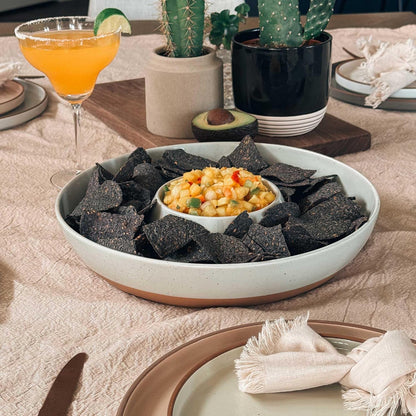 Mora Ceramic Chips and Dip Serving Tray: Large Divided Party Bowl Set for Chips & Salsa, Veggies & Dip, Fruit, Snacks, Entertaining, Hosting, etc. Minimalist Design for the Modern Hostess - White