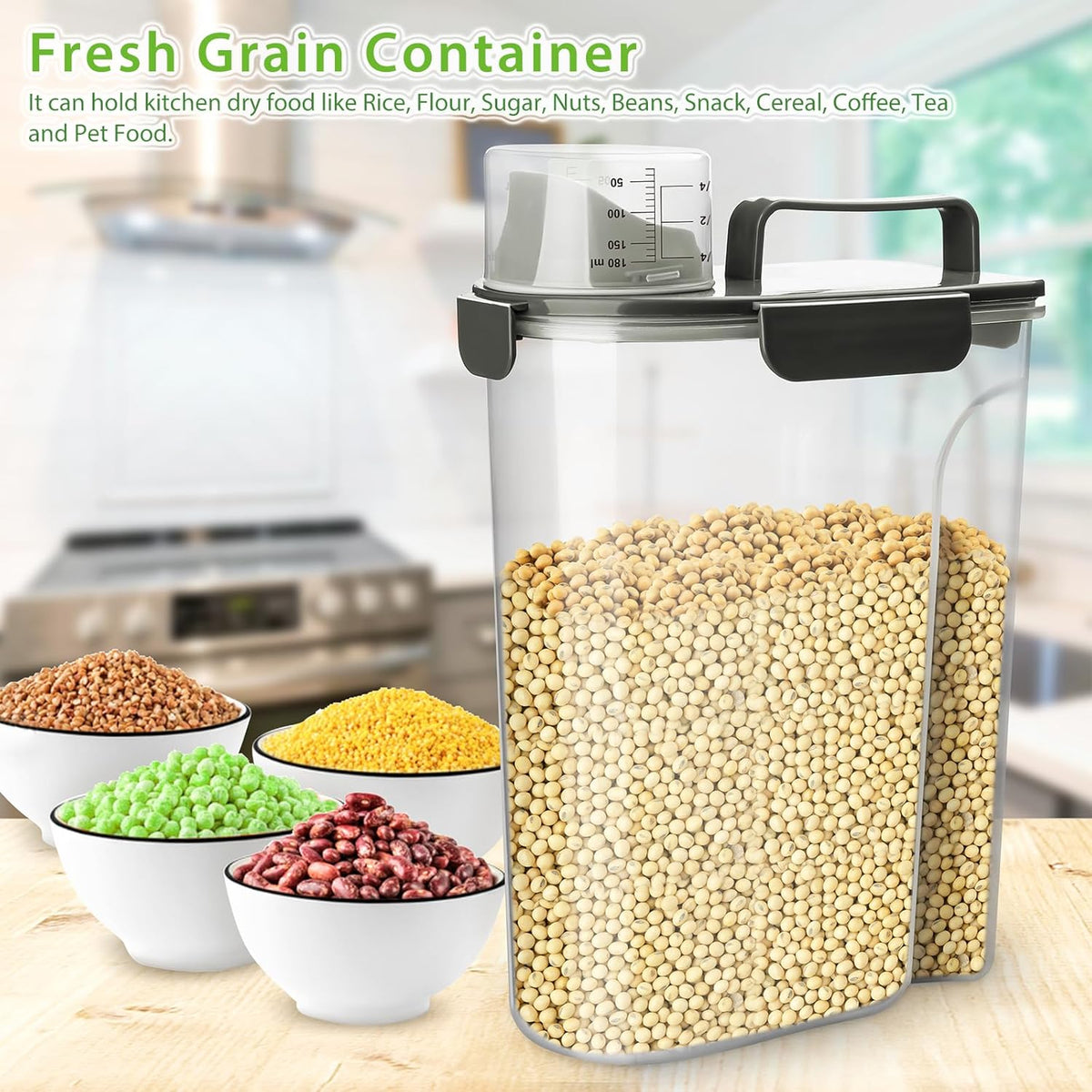 Viretec Rice Storage Container, 15 to 20lb Dry Food Airtight Dispenser, Pet Dog Cat Food Canister, BPA Free Clear Plastic Kitchen and Pantry Bin for Oatmeal, Cereal, Pasta, Flour Pack of 2 Grey