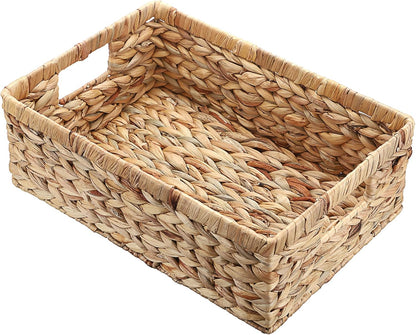 Hipiwe Wicker Basket Water Hyacinth Baskets Rectangular Decorative Baskets Bin for Shelf Organizing, Handwoven Storage Basket Bins with Built-in Handles,15.9"x12"x5.9"