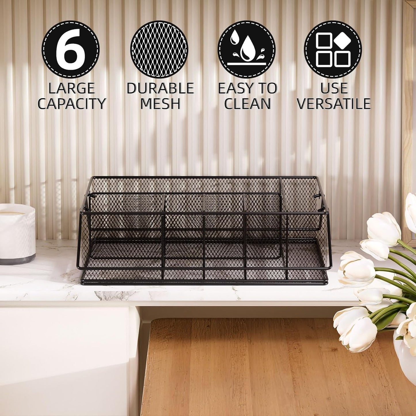 Paper Plate Organizer for Countertop, Metal Silverware Caddy with 6 Compartments for Cup, Napkin, Utensil Holder Caddy for Party, Camping, Picnic