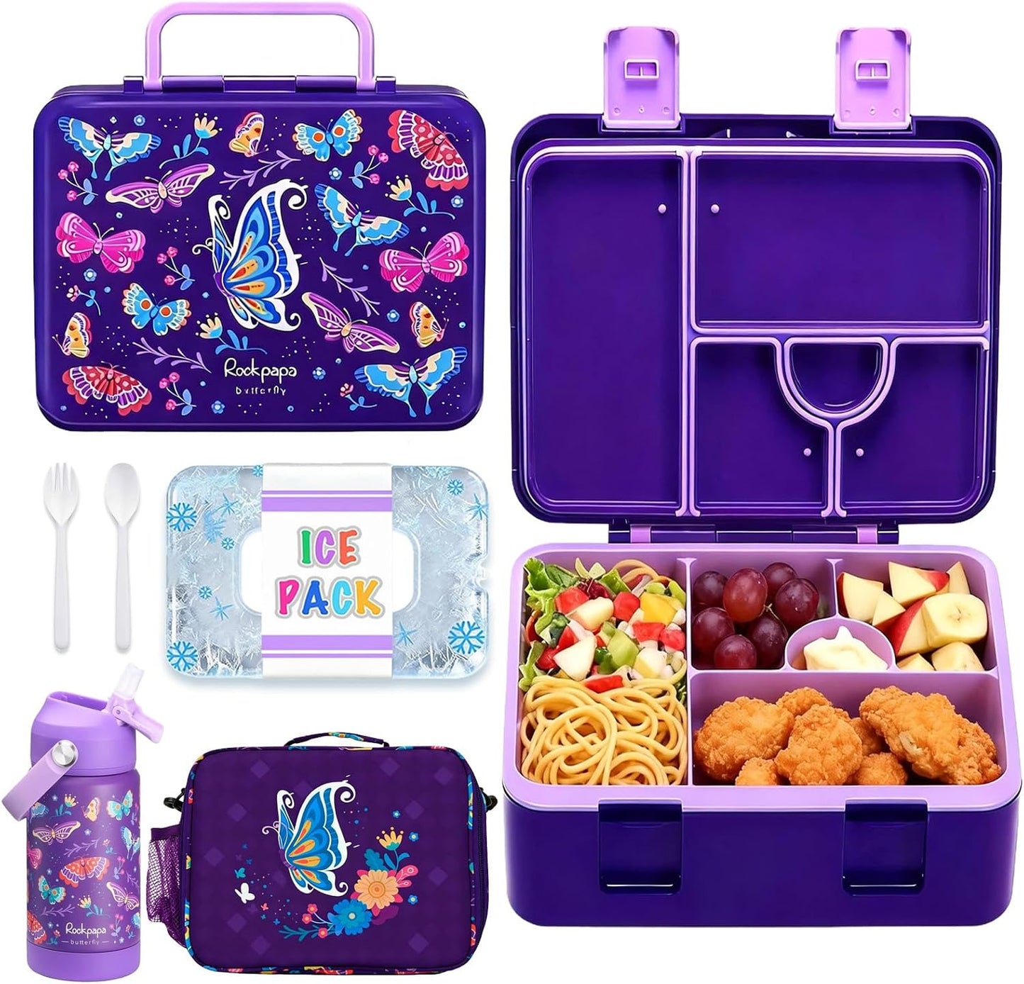 rockpapa Chill Kids Lunch Box Set with Leakproof 5.5 Cups Bento Box, Reusable Ice Pack, 14oz Insulated Water Bottle & Lunch Bag, BPA-Free Microwave Safe for School Boys Girls (Black Games)