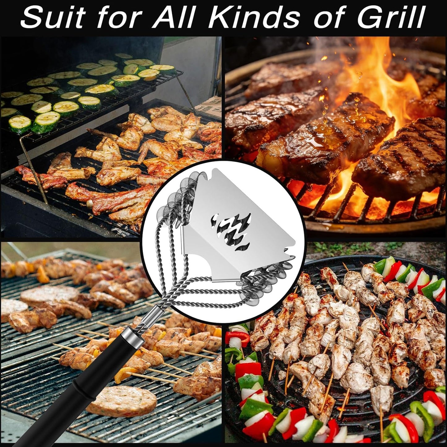 TNTOR Grill Brush Bristle Free with Scraper, 18" Adjustable Handle BBQ Grill Brush for Outdoor Grill, Extra Strong Grill Cleaner Brush for Grill/Smoker/Gas/Charcoal, Grill Gifts for Men/Dad