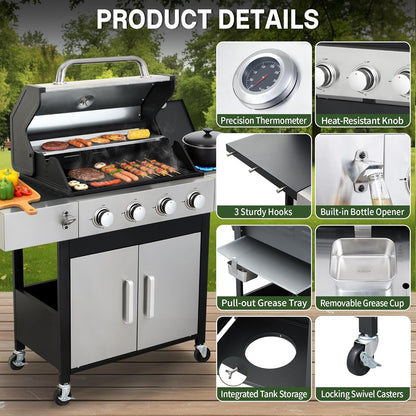 Gas Grill with Side Burner, 3-Burner Propane Grill with Porcelain-Enameled Cast Iron Grates and Double-Wall Insulated Lid, 39,000 BTU BBQ Grill with Wheels for Outdoor Cooking