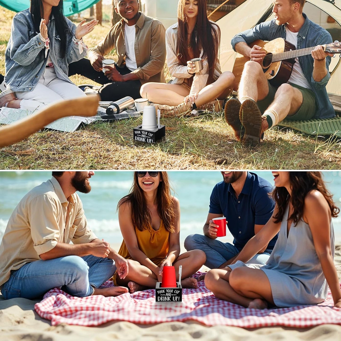 Party Cup Holder with Marker Slot - Wooden Mark Your Cups & Cup Dispenser for Parties, Farmhouse Decor, Home & Bar (Black, 5.7"x5.7"x2.95")