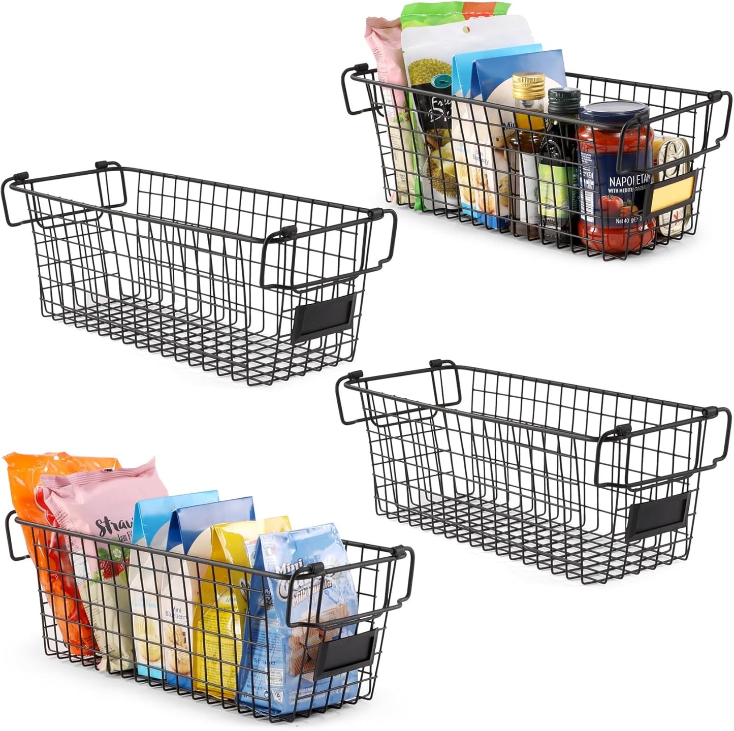 4 Pack [ XL Large ] STACKABLE Wire Baskets for Organizing - Pantry Storage and Organization Metal Bins for Produce, Food, Fruit - Kitchen Bathroom Closet Cabinet, Countertop, Under Sink Organizer