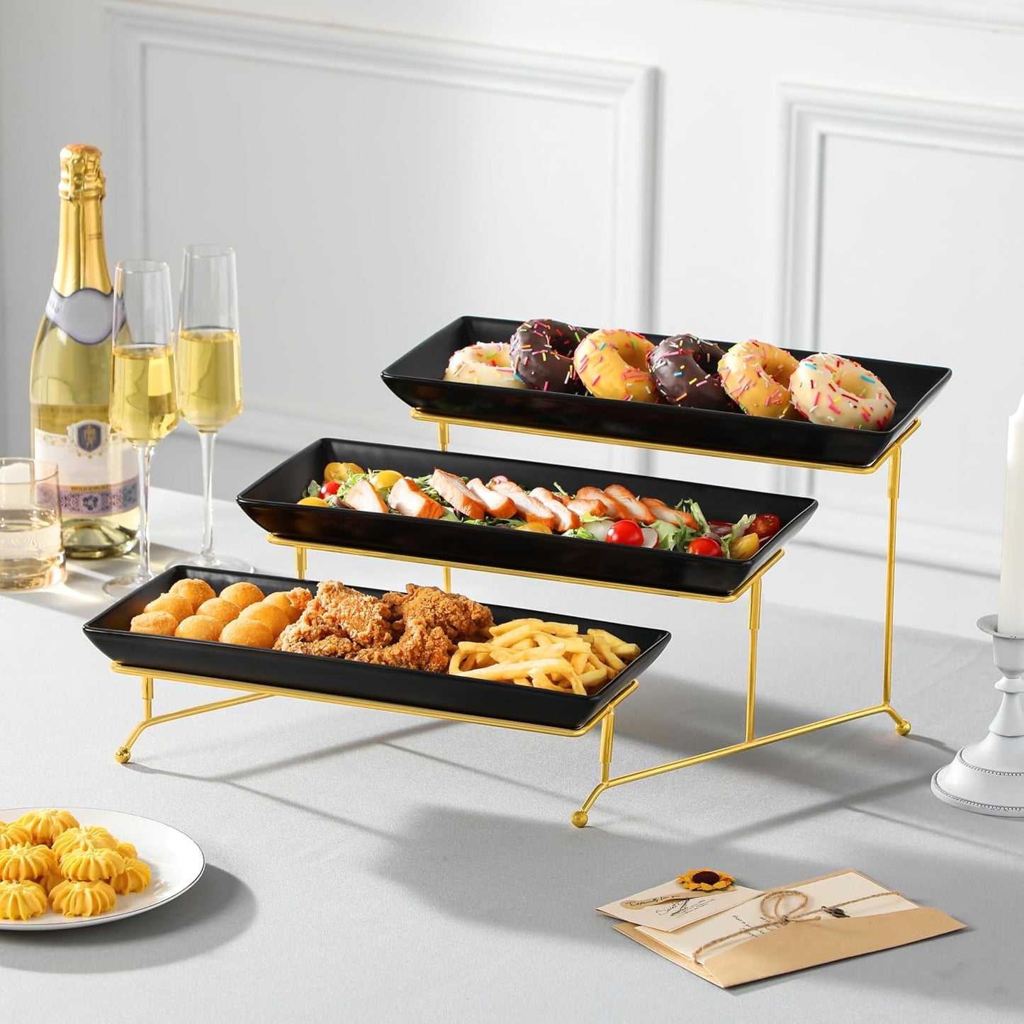 MALACASA 3 Tier Serving Trays for Party, Porcelain Serving Platters and Trays, 12 Inch Tiered Tray Stand, Fruit Tray, Trays for Serving Food, White Dessert Stand with Collapsible Sturdier Metal Rack