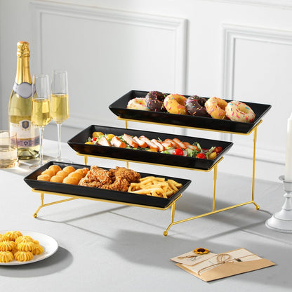 MALACASA 3 Tier Serving Trays for Party, Porcelain Serving Platters and Trays, 12 Inch Tiered Tray Stand, Fruit Tray, Trays for Serving Food, White Dessert Stand with Collapsible Sturdier Metal Rack