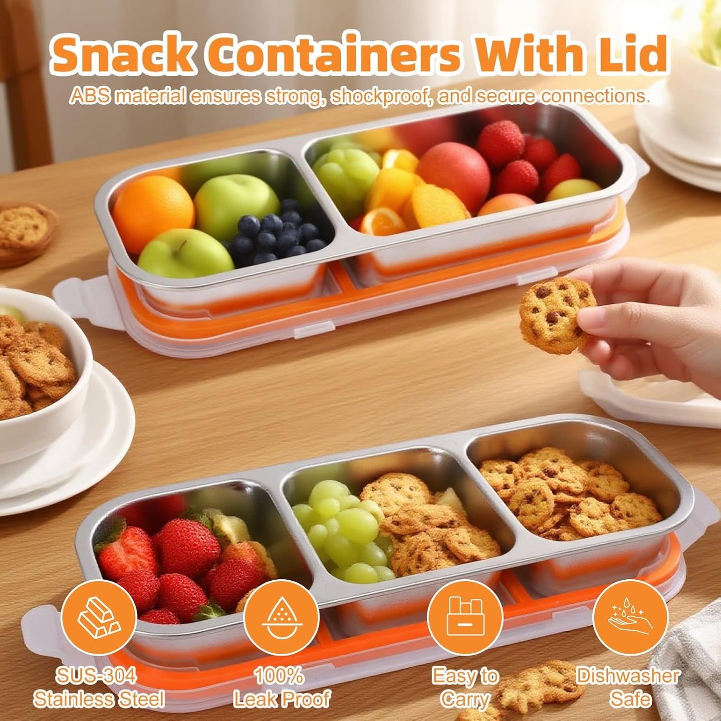 Stainless Steel Snack Containers with Lids, Reusable Condiment Storage Box, Divided Food Storage for School, Home, Travel, Multiple Compartment Leak-Proof Box (‎3 Compartment)