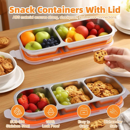 Stainless Steel Snack Containers with Lids, Reusable Condiment Storage Box, Divided Food Storage for School, Home, Travel, Multiple Compartment Leak-Proof Box (‎3 Compartment)