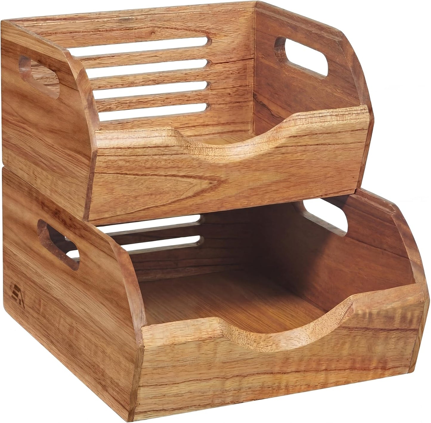 HOMESTEAD Stackable Solid Wood Storage Bins for Kitchen Pantry & Countertop, Ventilated Potato and Onion Basket Organizer with Handles, Wooden Produce Storage Containers, 3-Pack, Chestnut Finish