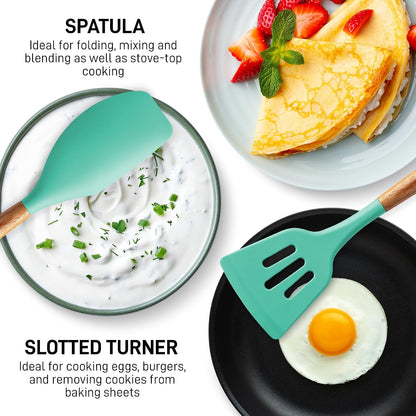 Zulay Kitchen Utensils Set Non-Stick Silicone Cooking Utensils Set with Authentic Acacia Wood Handles - 5 Piece Silicone Utensil Set - Kitchen Utensils Set with 464°F Heat Resistance - Gray