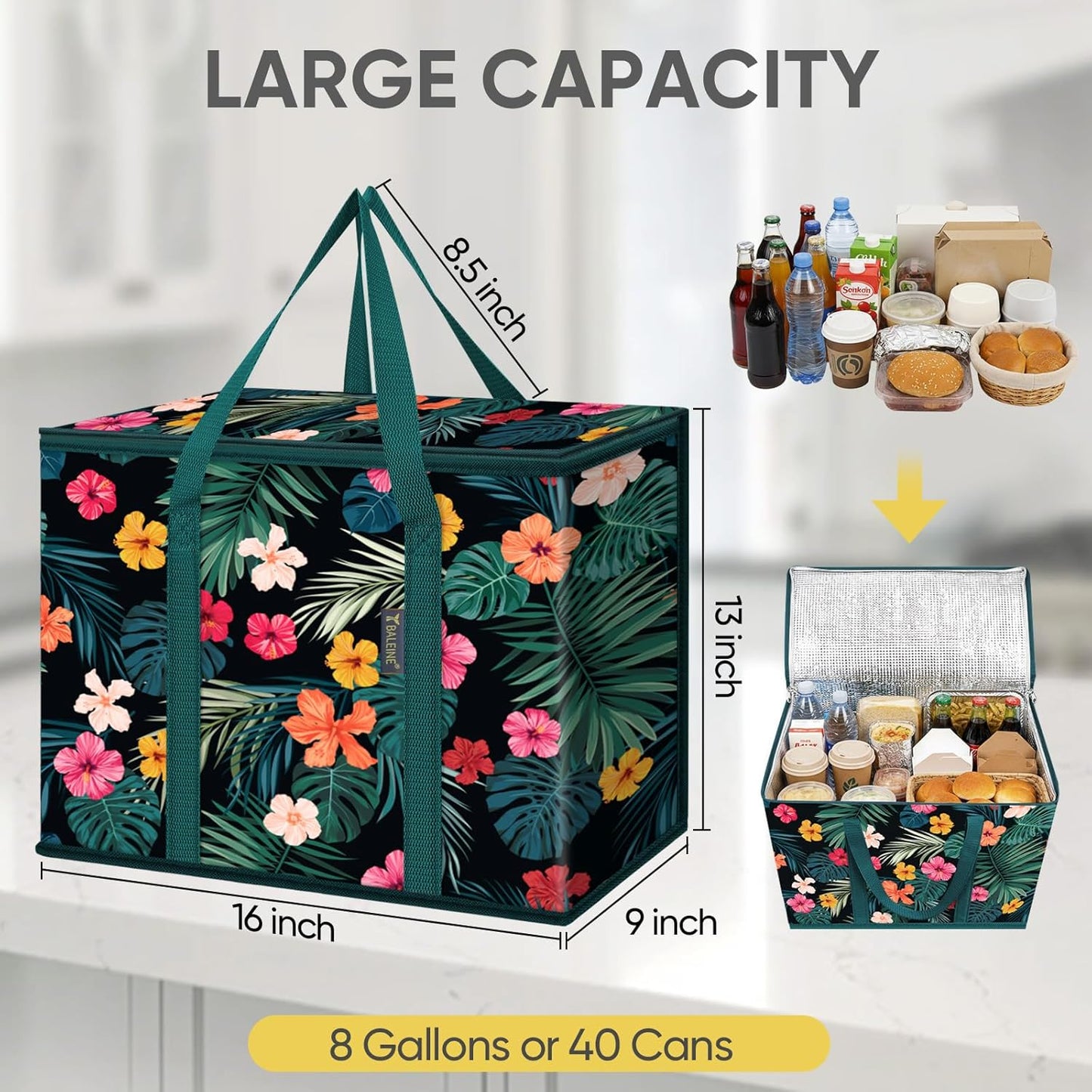 BALEINE 2Pk Insulated Reusable Grocery Bags, Collapsible Cooler Bag for Groceries, Heavy Duty Large Insulated Bag (16''x9''x13'', Antique Foliage)