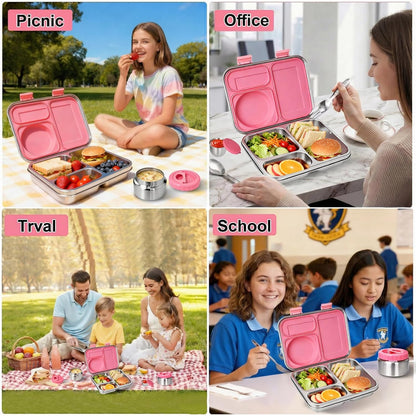 Stainless Steel Bento Lunch Box：7+ Older Kids，Teens ＆ Adult with Insulated Food Jar,Leakproof 3-Compartment,BPA-Free, Eco-Friendly,Dishwasher Safe, Large-Capacity Box, School,Office,Travel （Blue)