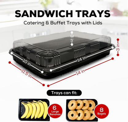 6 Pack Catering Trays with Lids – 13" Serving Tray with Lid, Heavy Duty Recyclable Plastic Party Platters for Catering, Buffet, Picnics & Events – Food Trays with Clear Lid (13.39 × 9.84 × 2.95 inch)