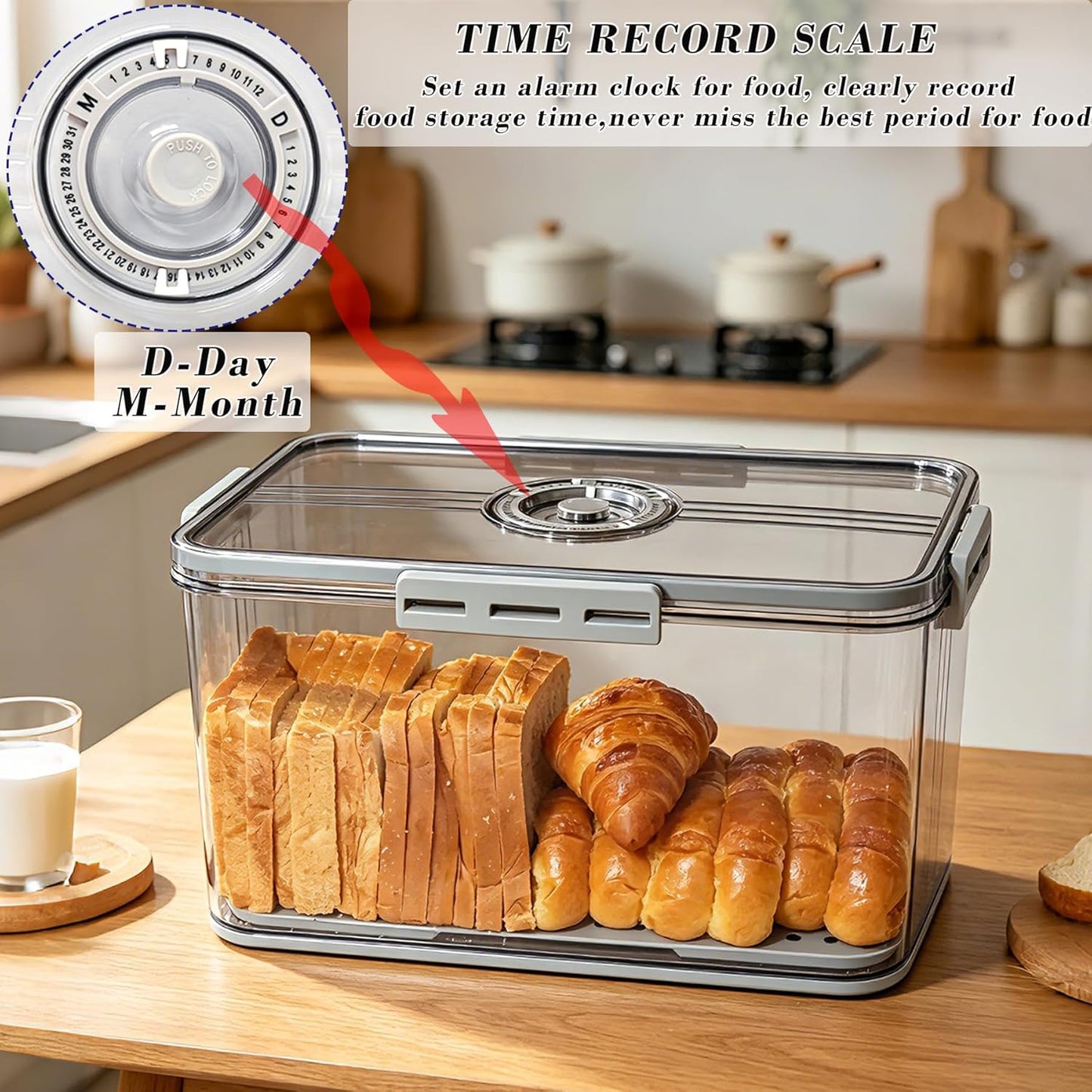 Bread Box Bread Boxes with Lid for Kitchen Counter, Airtight Loaf Bread Storage Container,Large Time Recording Bread Keeper for Homemade Bread, Toast, Bagel, Donut and Cookies ,Gifts for Mom Dad