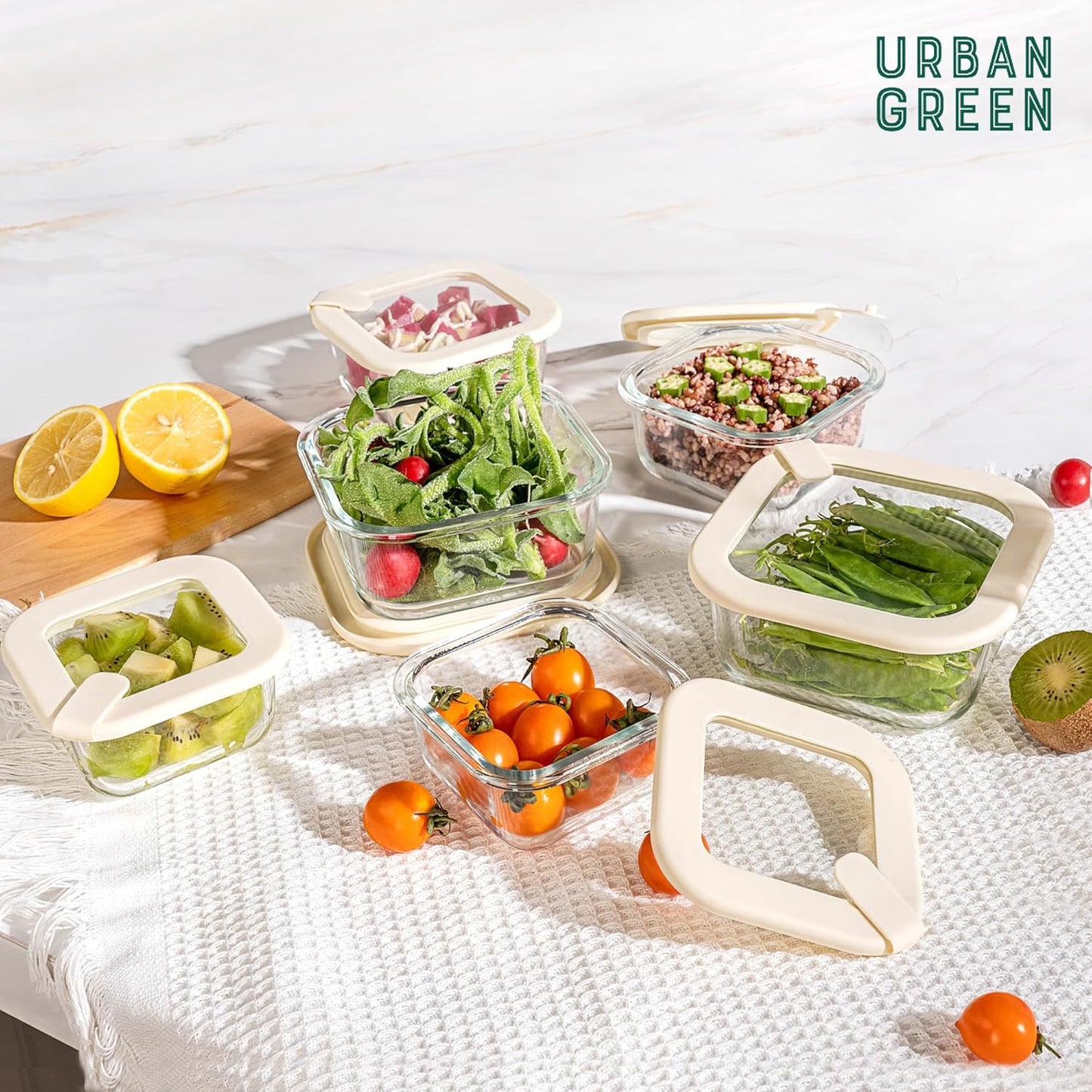 Urban Green Glass Food Storage Containers with Glass Lids, Microwave Safe Food Container Set, Aitight Meal Prep Container Set, LeakProof, 100% Plastic Free, 6 Pack