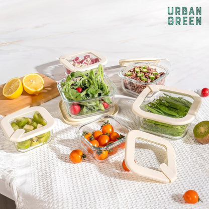 Urban Green Glass Food Storage Containers with Glass Lids, Microwave Safe Food Container Set, Aitight Meal Prep Container Set, LeakProof, 100% Plastic Free, 6 Pack