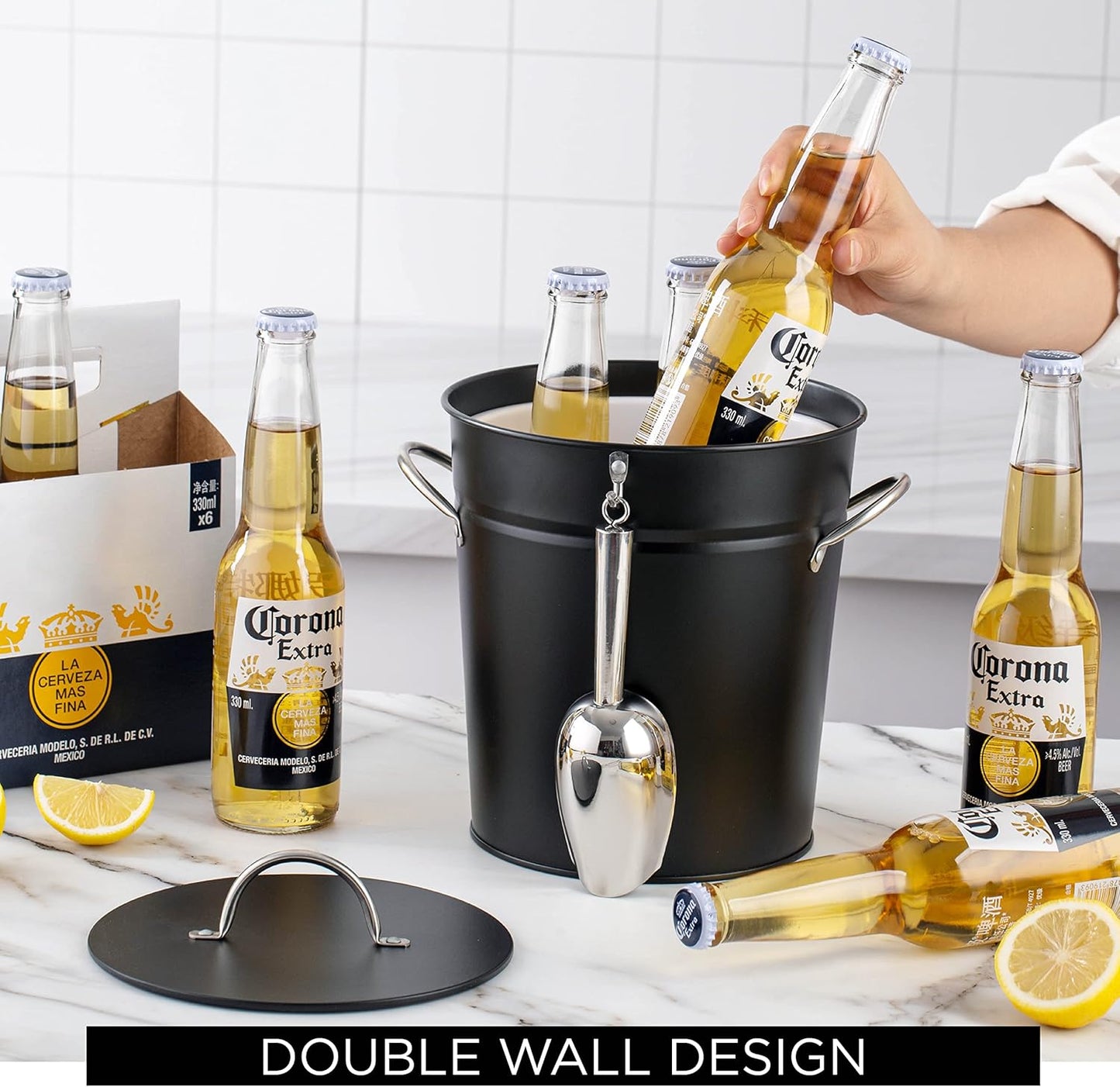 Rae Dunn Ice Bucket with Scoop - Stainless Steel Bucket with Handle, Lid and Ice Scooper - 4 Qt. Storage Bin for Ice Cubes for Bars, Parties, Backyard Barbeques, Picnics, and Camping (Black)