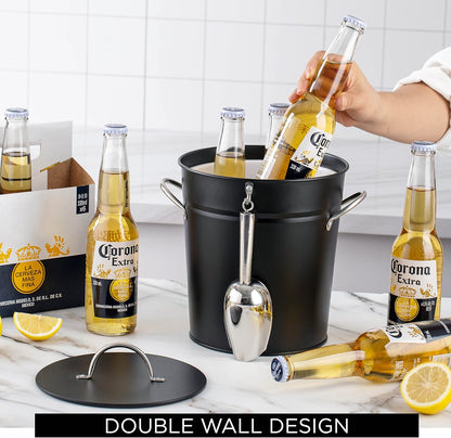Rae Dunn Ice Bucket with Scoop - Stainless Steel Bucket with Handle, Lid and Ice Scooper - 4 Qt. Storage Bin for Ice Cubes for Bars, Parties, Backyard Barbeques, Picnics, and Camping (Black)