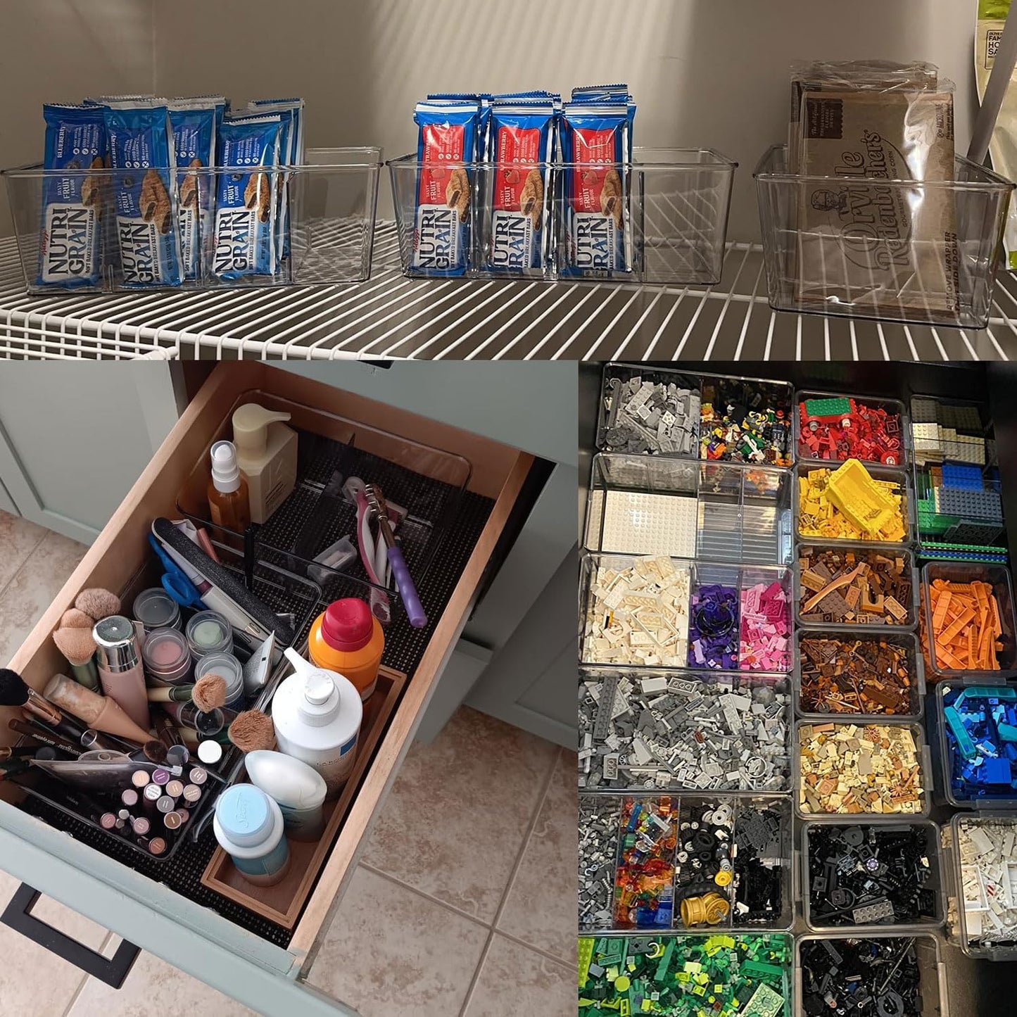 3 Pack Storage Organizer Bins, Plastic Desk Storage Bins Food Storage Organizer with 4 Slots for Pantry, Kitchen, Fridge, Cabinet Packets, Snacks, Pouches, Spice Packets